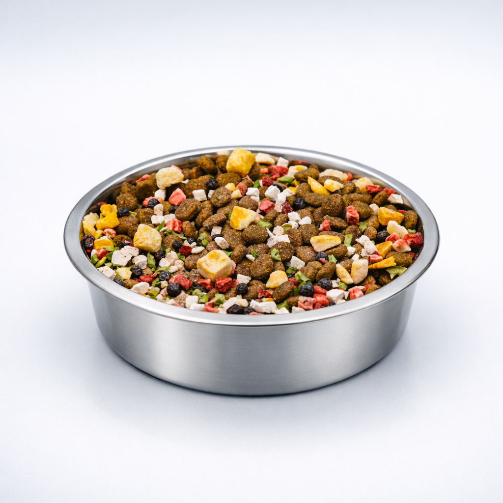 Stainless steel bowl filled with a mix of dog food and treats on a white background