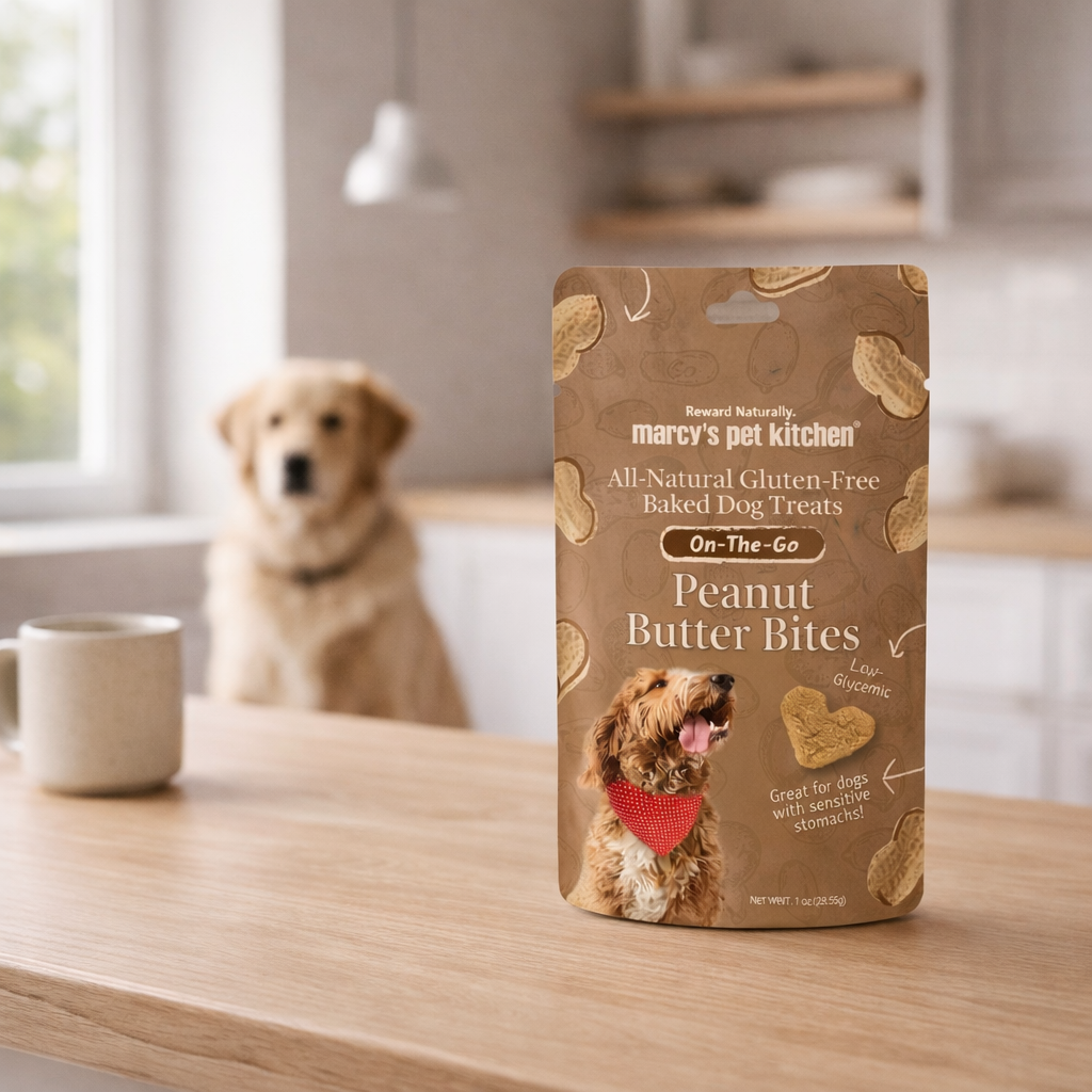 Peanut butter dog treats in a resealable pouch on a wooden kitchen counter with a calm dog resting in the background under soft natural light