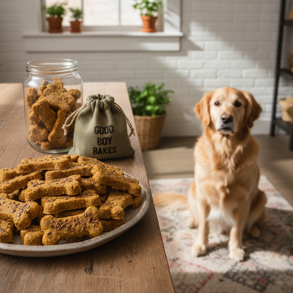 A golden retriever sits patiently on a patterned rug in a bright kitchen, looking toward a wooden counter where a large plate of bone-shaped dog treats and a burlap sack labeled "GOOD BOY BAKES" are displayed.