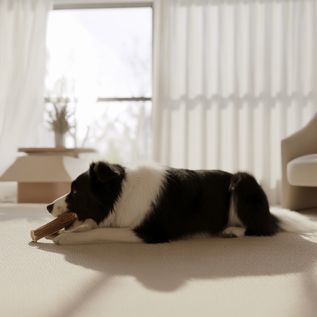 Border collie resting indoors with a natural reindeer antler dog chew on a soft, neutral rug in a modern home.