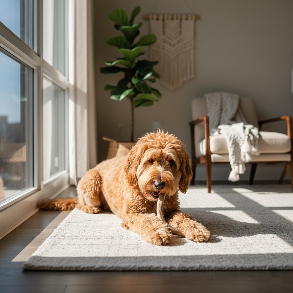 Doodle dog actively chewing a natural reindeer antler dog chew on a rug in a bright, modern living room.