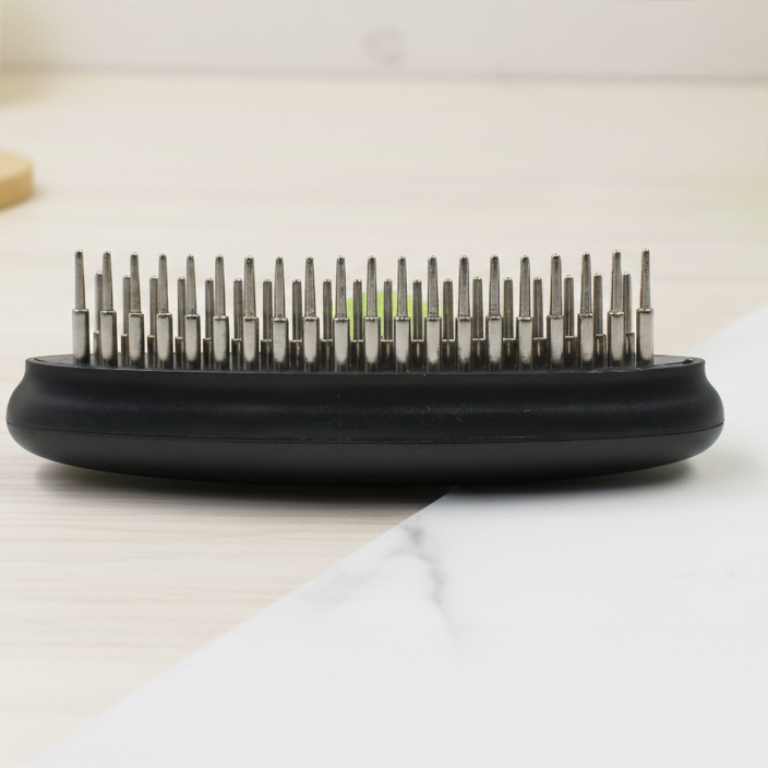 Close-up of the Pet Life Flex Series dual-row metal rakes with varying pin lengths designed to reach deep knots and tangles in mid-to-long-haired pets.