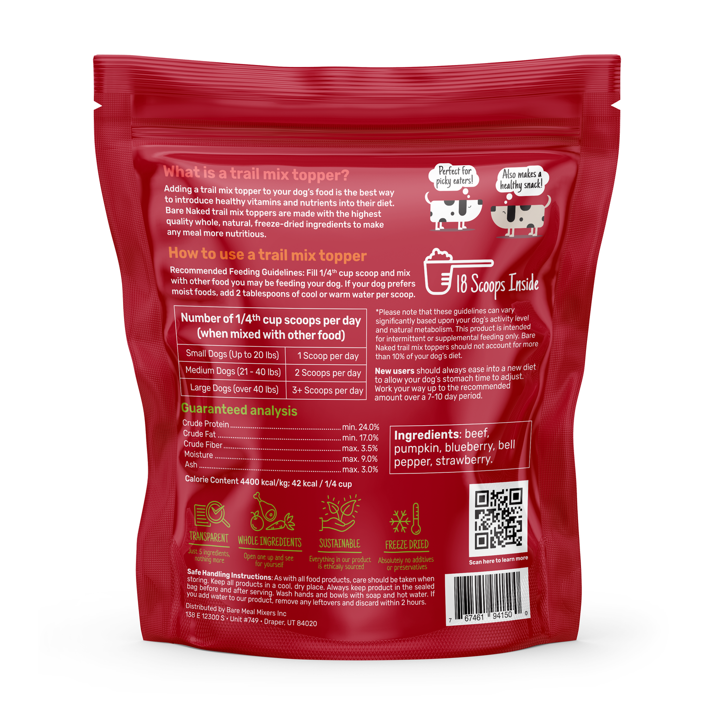 Back view of freeze-dried beef dog meal mixer pouch showing feeding guidelines, ingredient list, and nutritional analysis on a clean white background