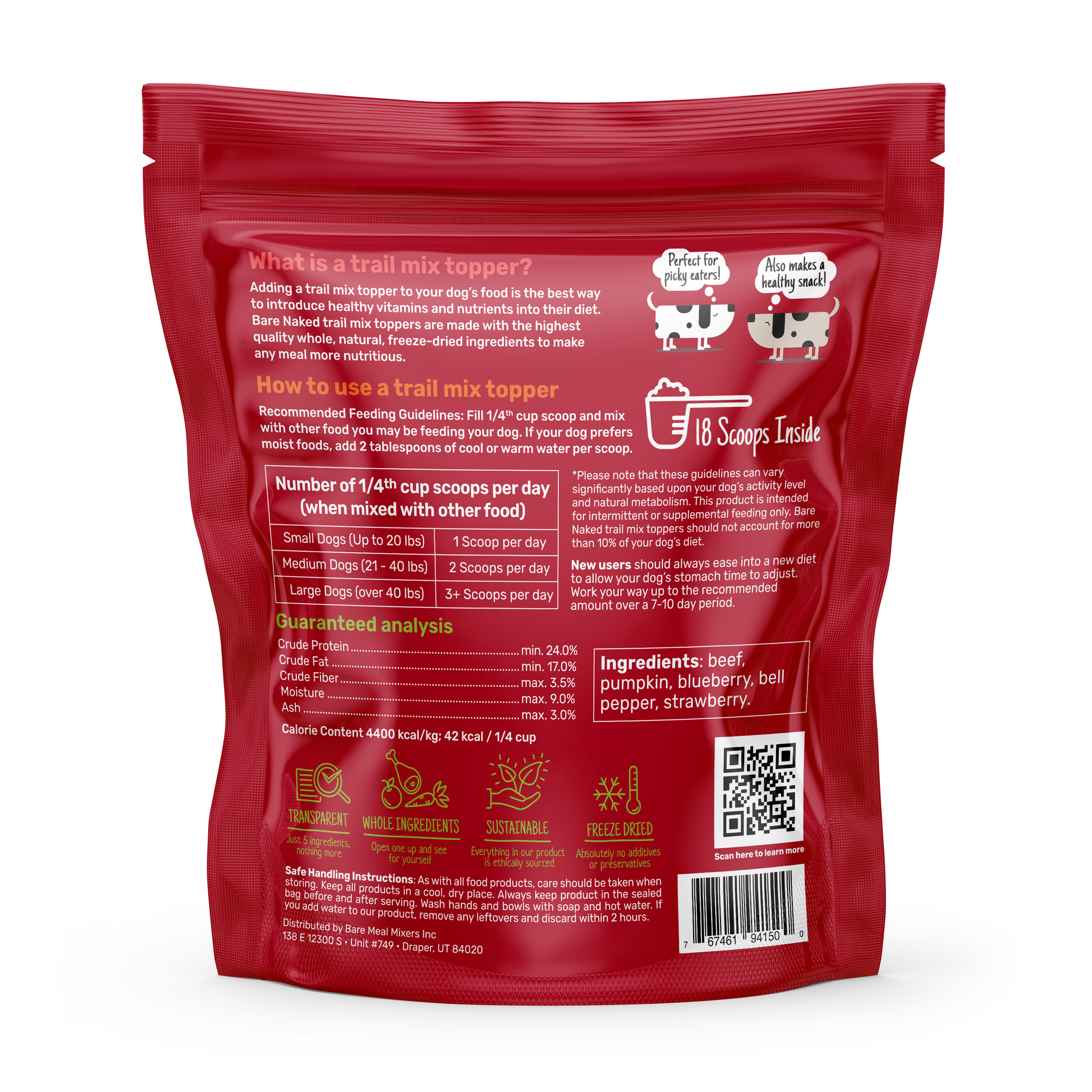Back view of freeze-dried beef dog meal mixer pouch showing feeding guidelines, ingredient list, and nutritional analysis on a clean white background
