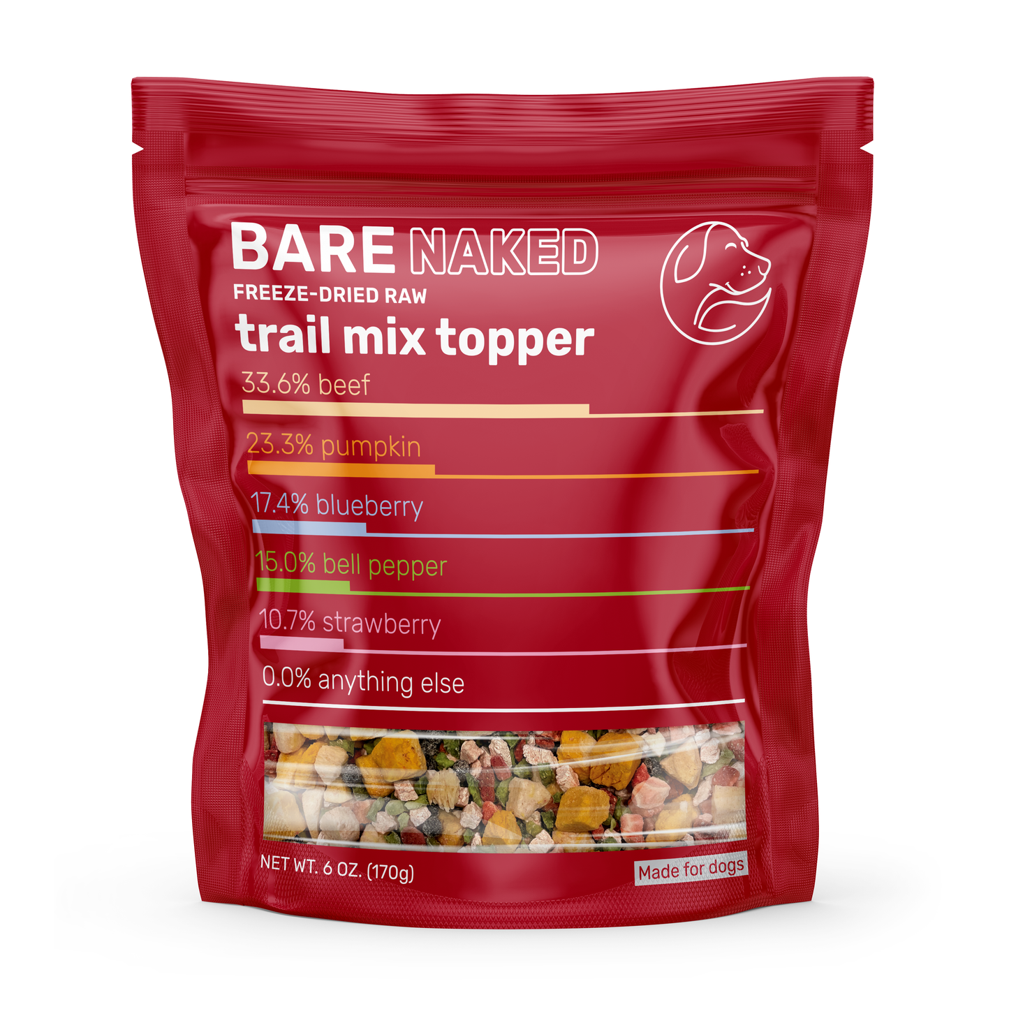 Front view of freeze-dried beef dog meal mixer in a red resealable pouch, showing ingredient percentages and mixed raw pieces through a clear window