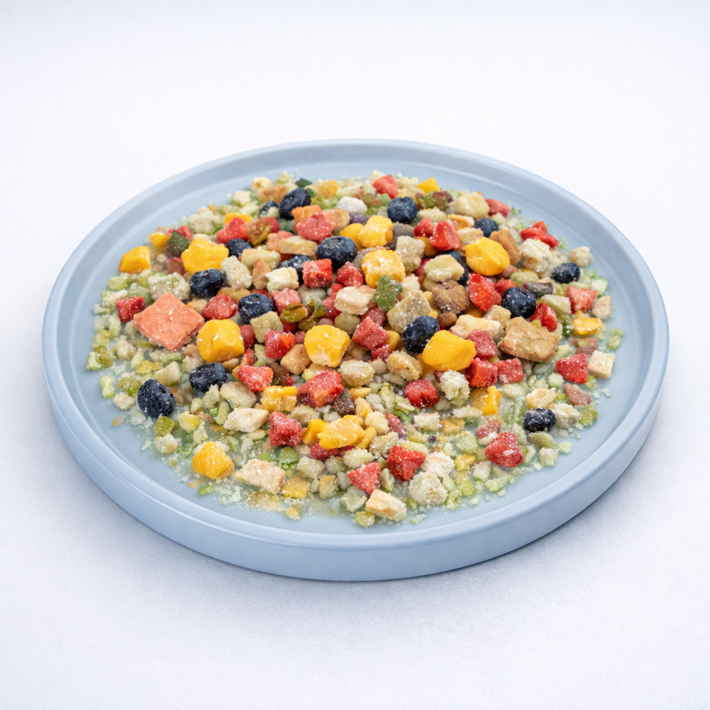 Close-up of freeze-dried dog meal mixer spread on a shallow plate, highlighting colorful raw ingredients and fine topper texture on a clean, neutral background