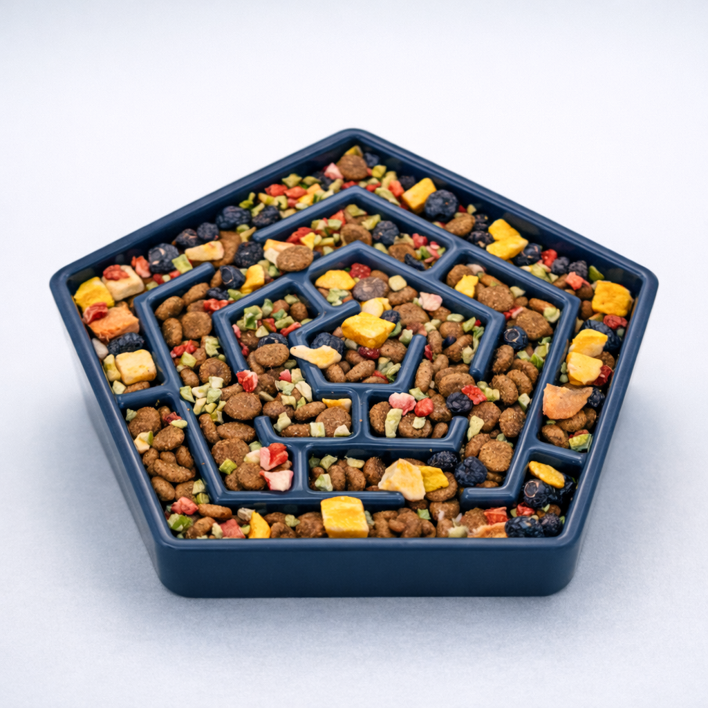 Puzzle-style dog feeder filled with freeze-dried meal mixer and kibble, designed for slow feeding and mental enrichment on a clean, neutral background