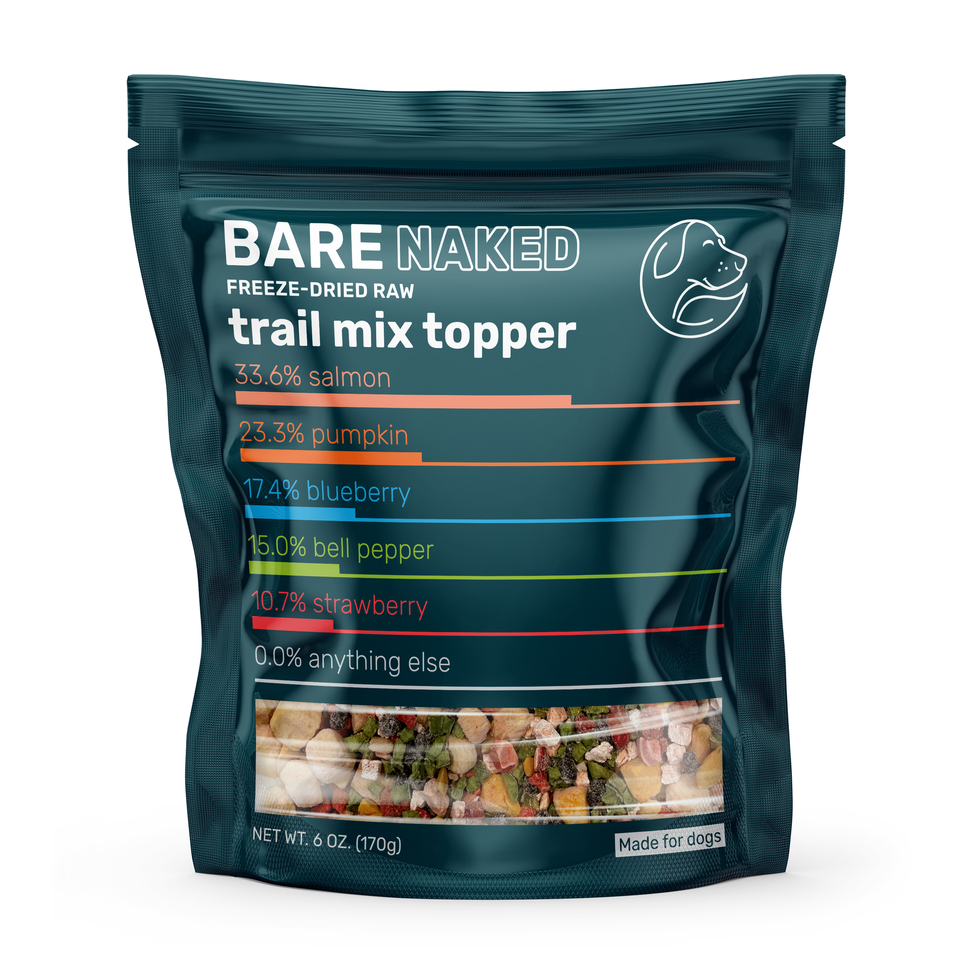 Front view of freeze-dried salmon dog meal mixer in a teal resealable pouch, showing ingredient percentages and visible raw mix through the clear window