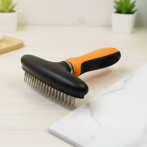 Pet Life Flex Series Dual-Row Rake Comb in green and black, featuring a patented flexible hinge and rubberized grip for comfortable pet grooming.