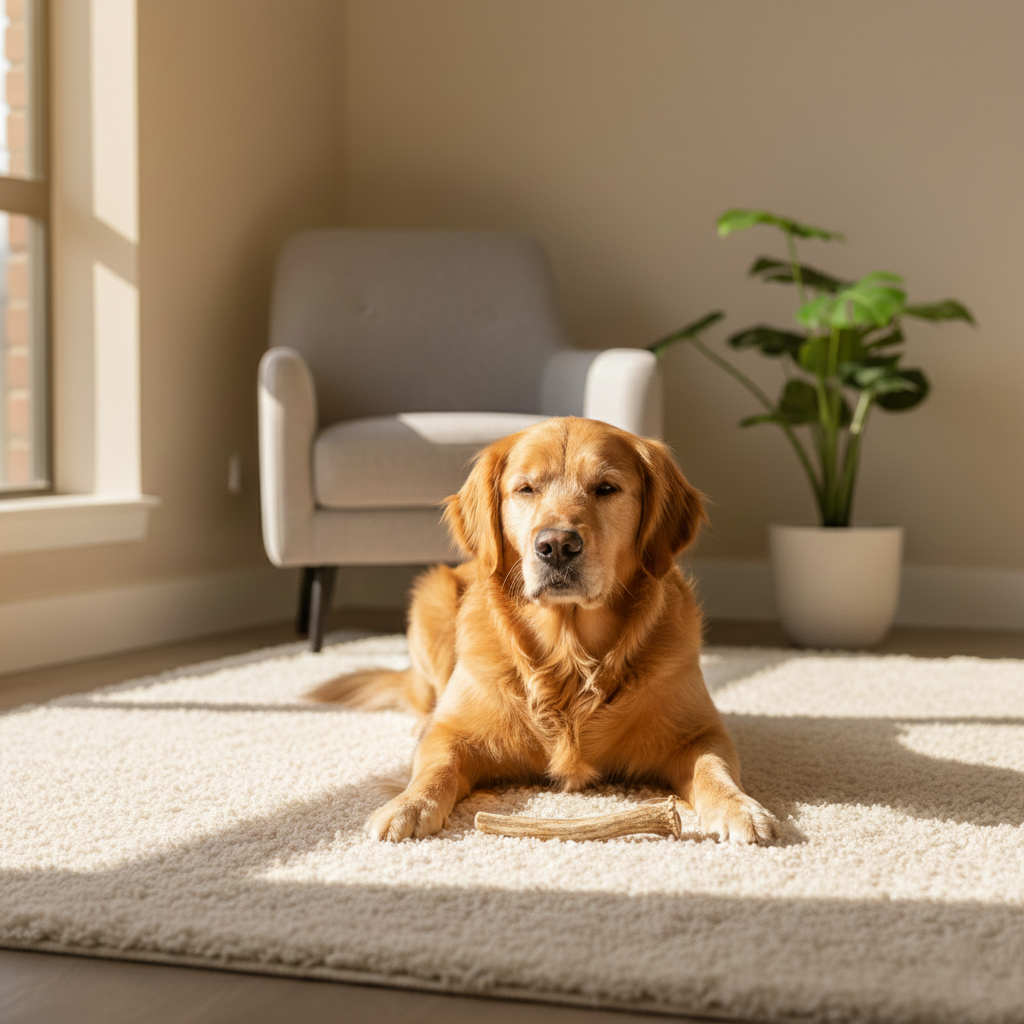 Golden retriever resting calmly on a neutral rug with a natural reindeer antler dog chew in a sunlit, modern living room.