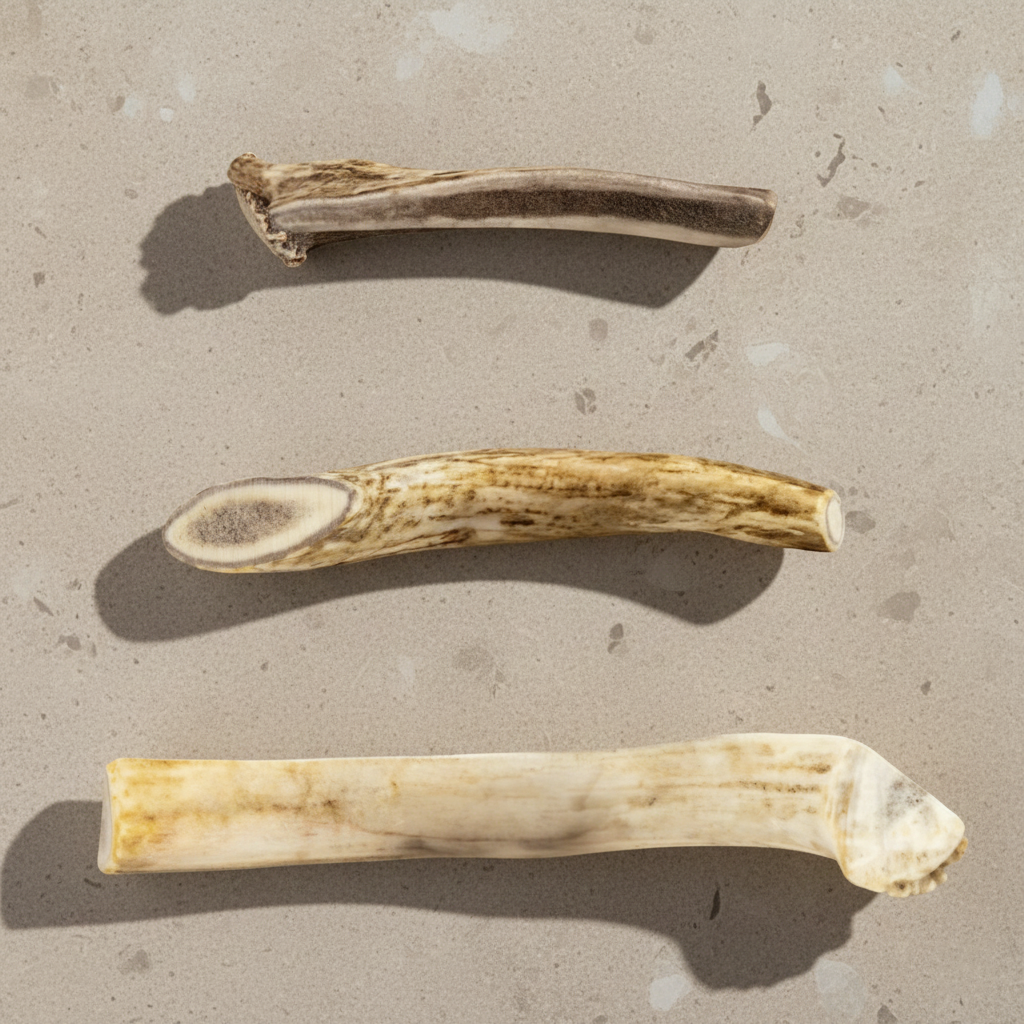 Three natural reindeer antler dog chews displayed on a neutral surface, showing size and texture variation.