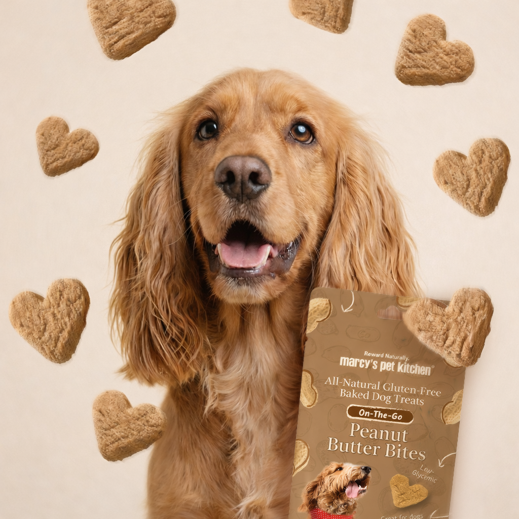 Happy dog portrait with heart-shaped peanut butter treats floating around and a peanut butter dog treat pouch in a calm neutral studio setting