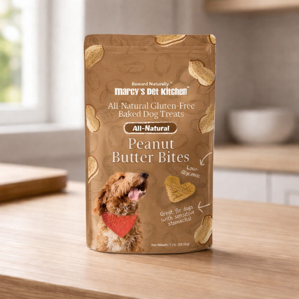 Peanut butter dog treats packaged in a resealable pouch standing on a wooden kitchen counter in a softly lit, calm home environment