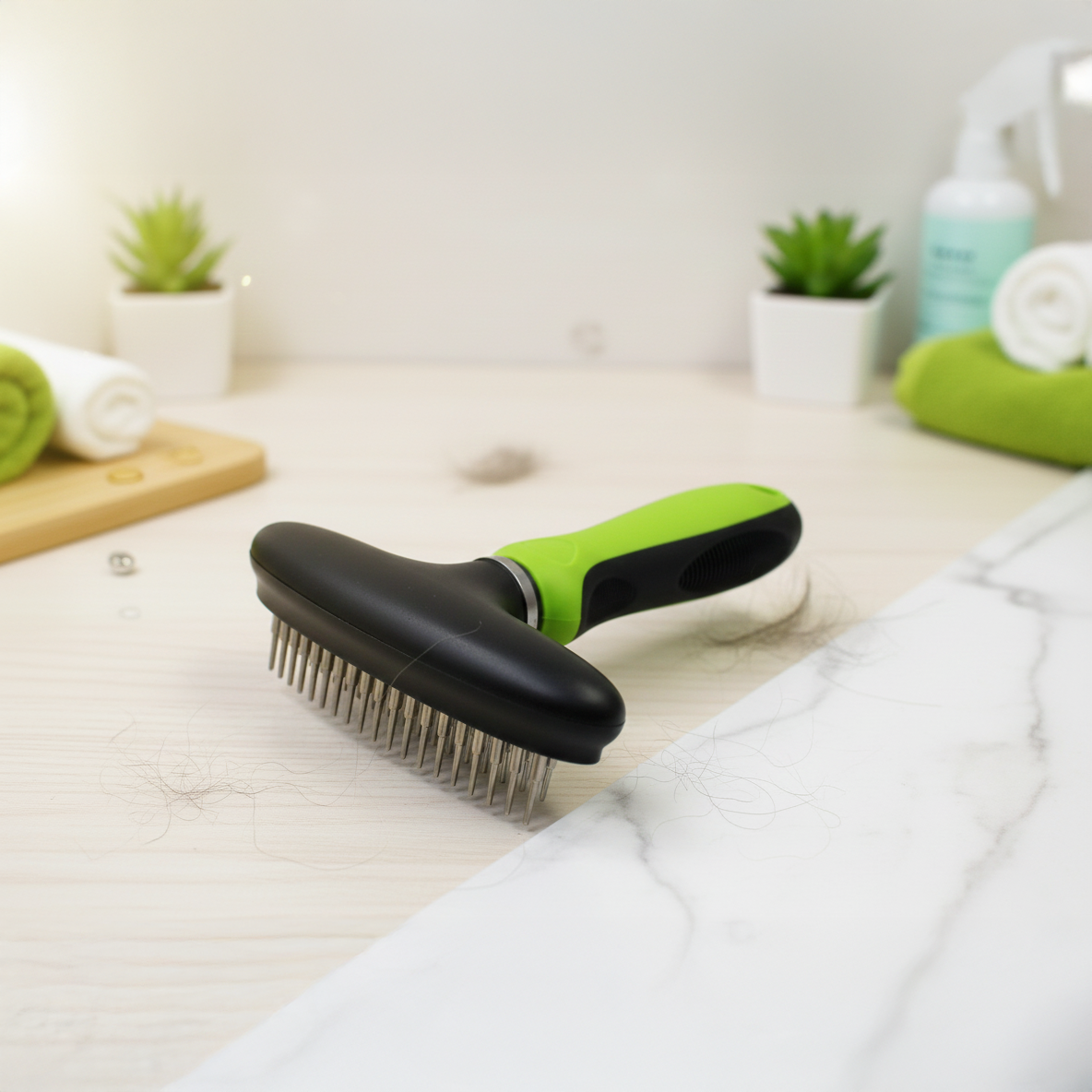 The Pet Life Flex Series green rake comb placed on a clean grooming surface, highlighting its ergonomic design for a calm and efficient urban pet grooming routine.