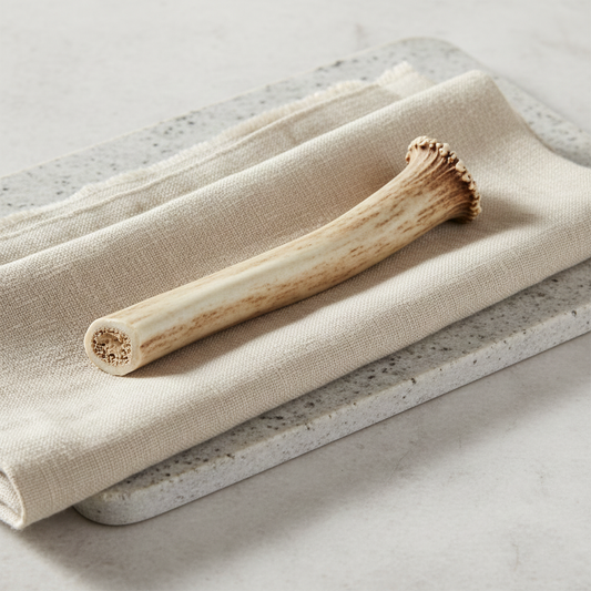 Premium natural reindeer antler dog chew displayed on folded linen over a stone surface in soft natural light.
