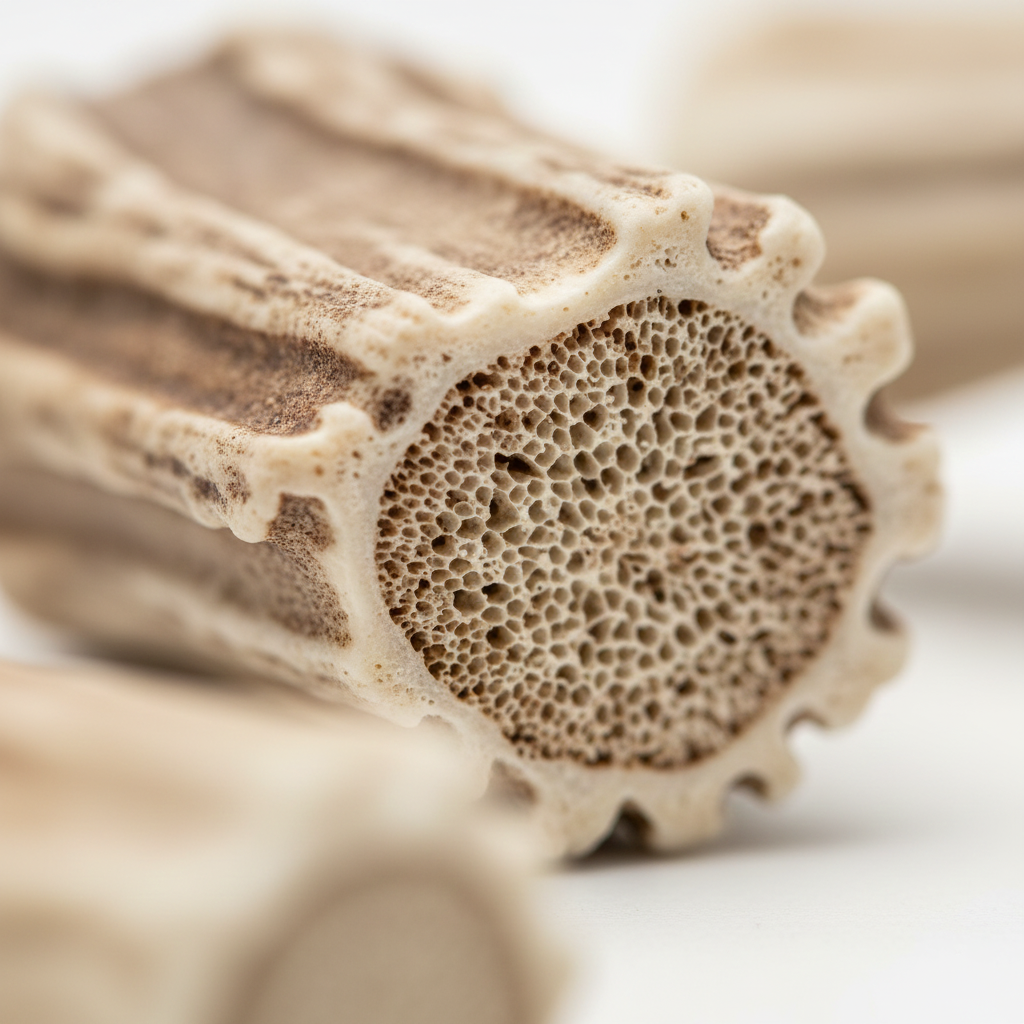 Close-up of natural reindeer antler dog chew showing porous marrow texture and mineral-rich interior.