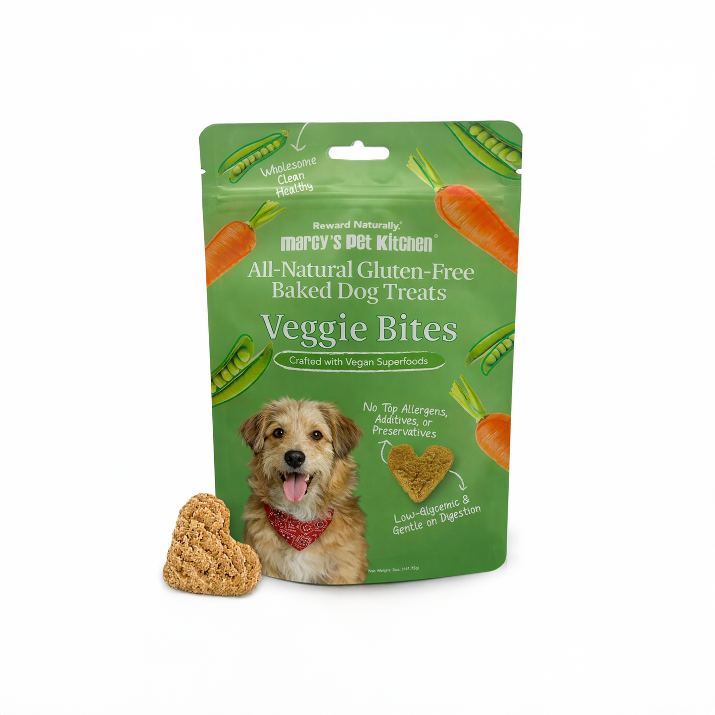Front view of veggie bites baked dog treats in a green resealable pouch with heart-shaped treats shown, isolated on a clean white background
