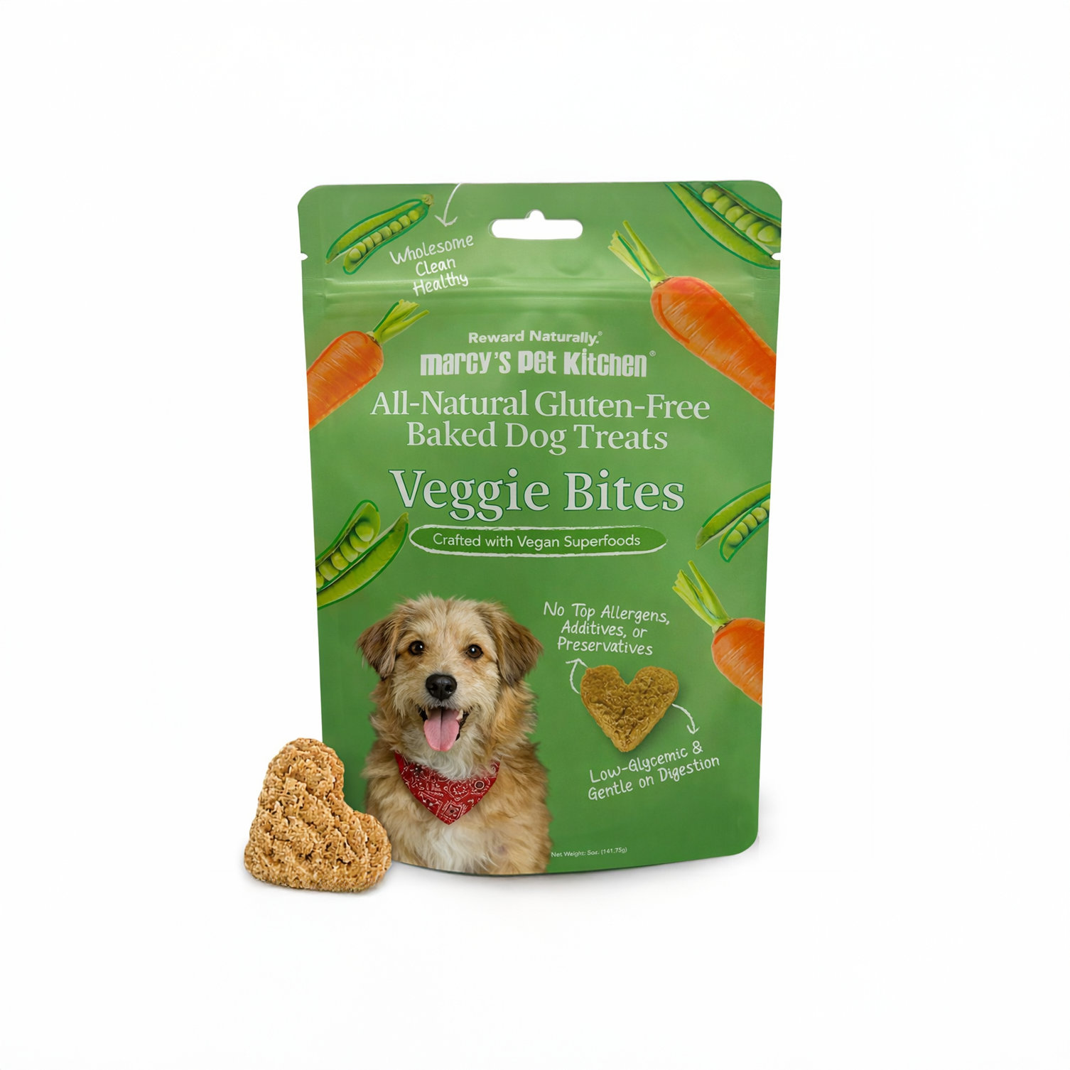 Front view of veggie bites baked dog treats in a green resealable pouch with heart-shaped treats shown, isolated on a clean white background