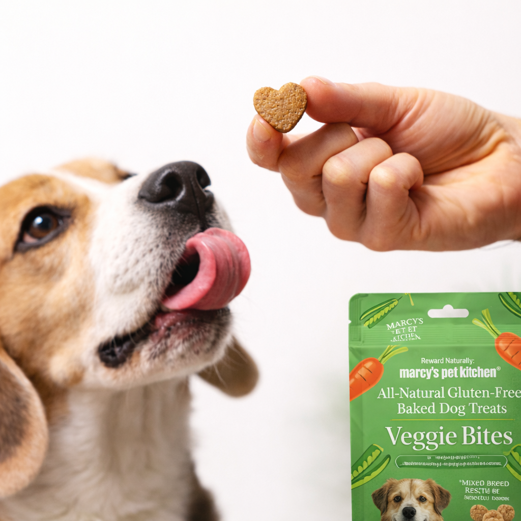 Dog focused on a heart-shaped veggie dog treat held by a hand, with a veggie bites treat pouch partially visible in a clean, softly lit setting