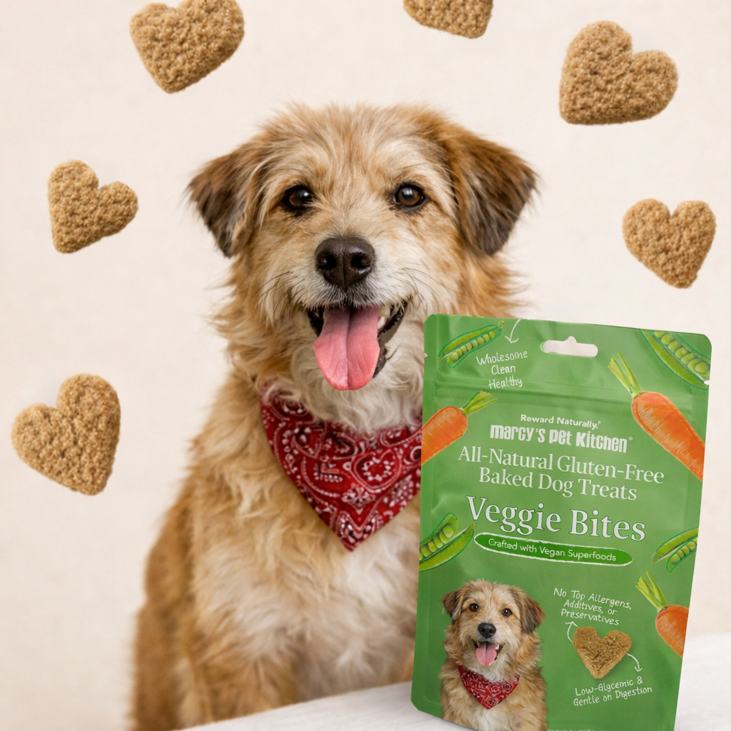 Happy dog wearing a bandana with heart-shaped veggie dog treats floating around and a veggie bites treat pouch in a calm, neutral studio setting