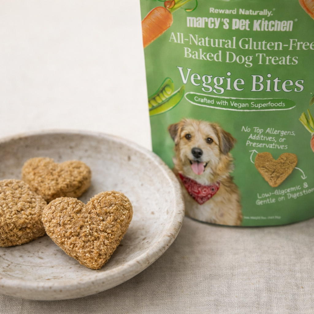 Heart-shaped veggie dog treats resting in a ceramic bowl beside a resealable veggie bites treat pouch in a calm, softly lit setting