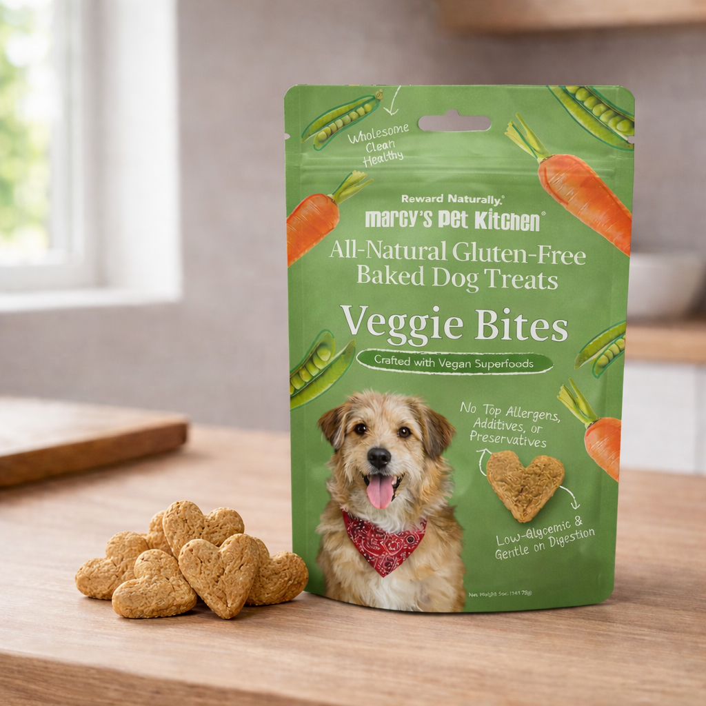 Veggie bites dog treats in a green resealable pouch with heart-shaped baked treats arranged on a wooden kitchen counter in soft natural light